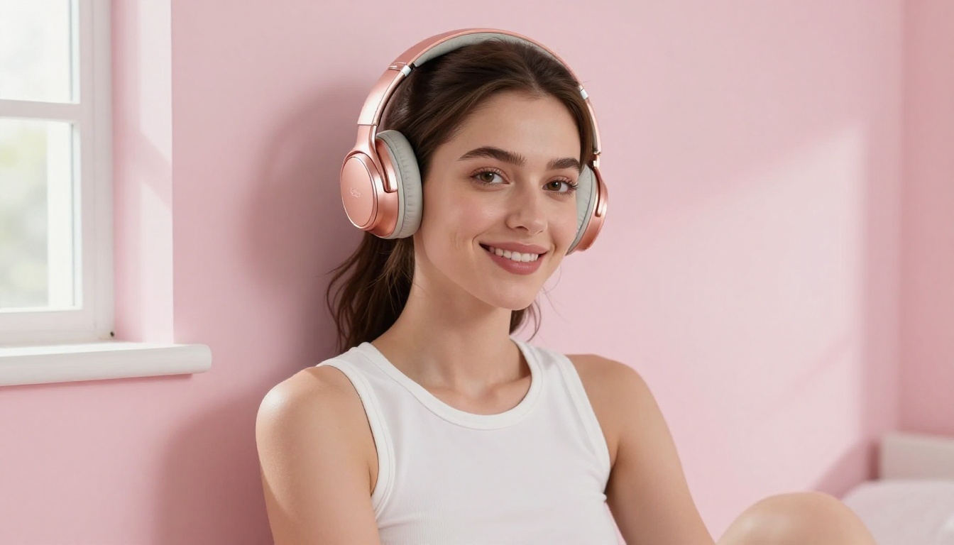 Woman with headphones against pastel pink wall