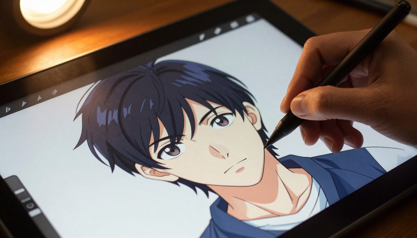 Digital artist at a studio with anime character art on dual monitors