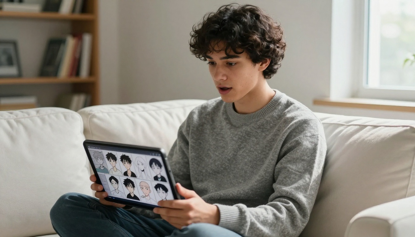 Person on sofa browsing anime companion character designs on a tablet