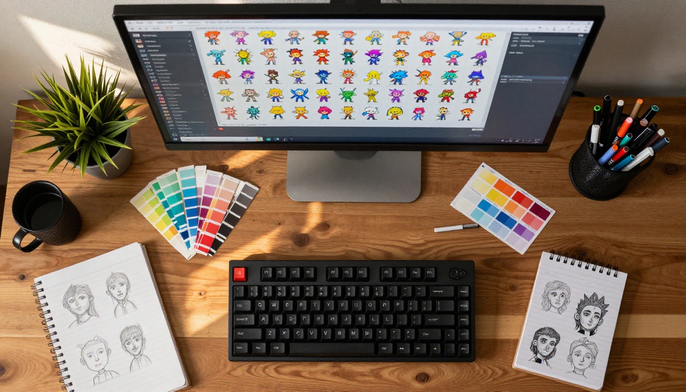 Overhead flat-lay of a designer's workspace with anime reference art and color swatches