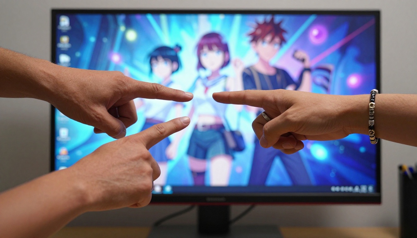 Two hands collaborating over anime art on a large monitor