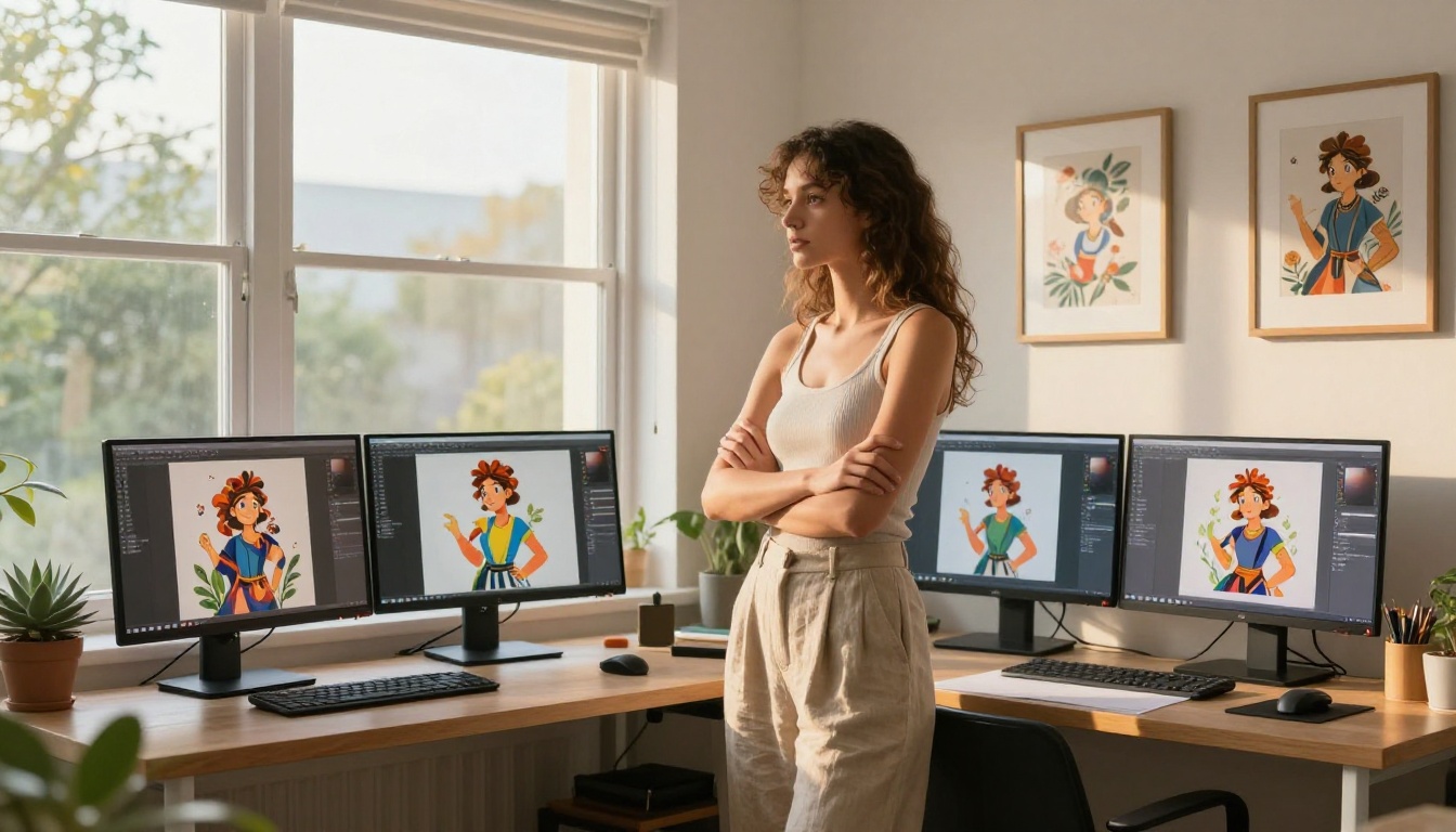 Digital artist reviewing character design iterations on three monitors in a sunlit studio