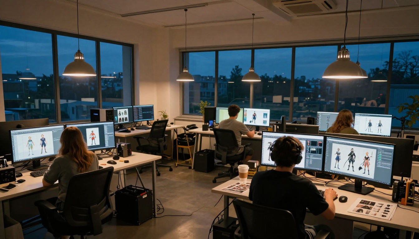 Professional studio at dusk with multiple artists working on character design at monitors