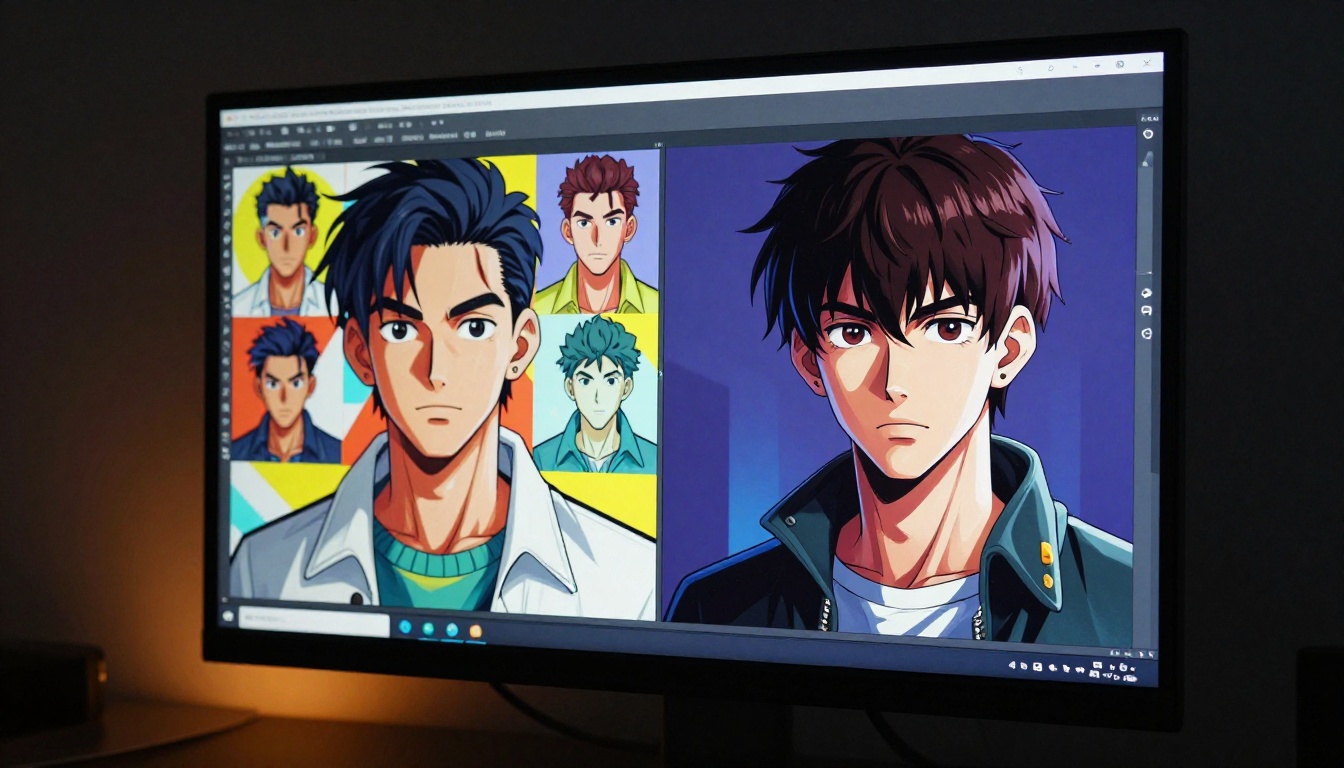 Monitor displaying a comparison of different character rendering styles side by side