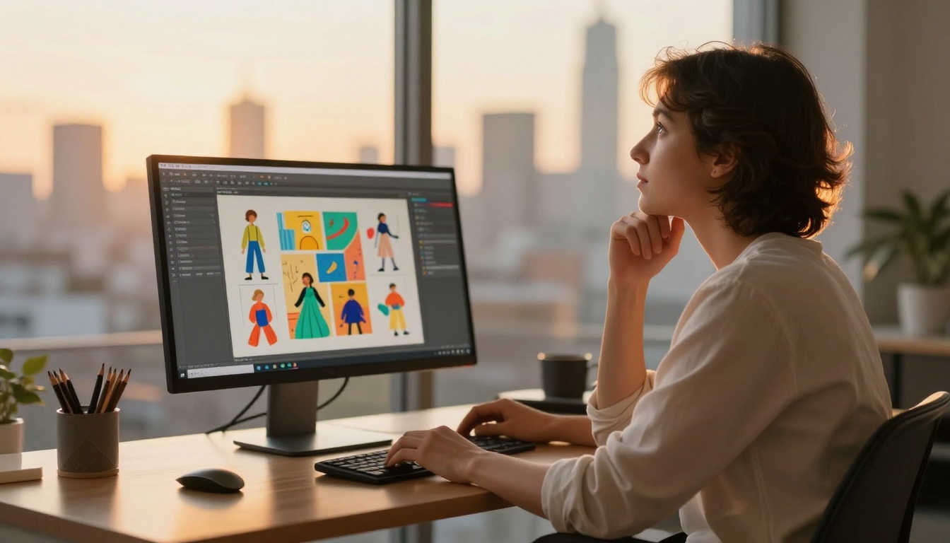 Creative professional at golden hour with a monitor showing colorful character illustration grids