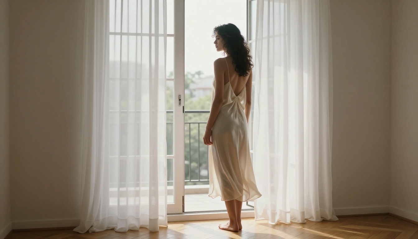 Woman by a morning window in an ivory silk dress, photorealistic 4K quality NSFW AI art