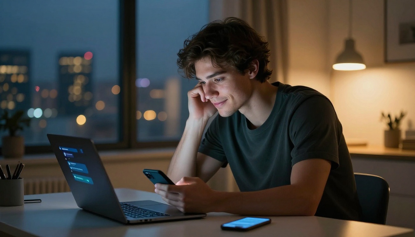 Man chatting with AI companion late at night in his modern apartment