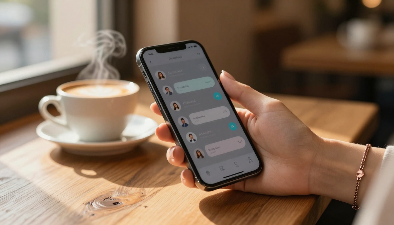 AI companion chat conversation on smartphone in a warm coffee shop
