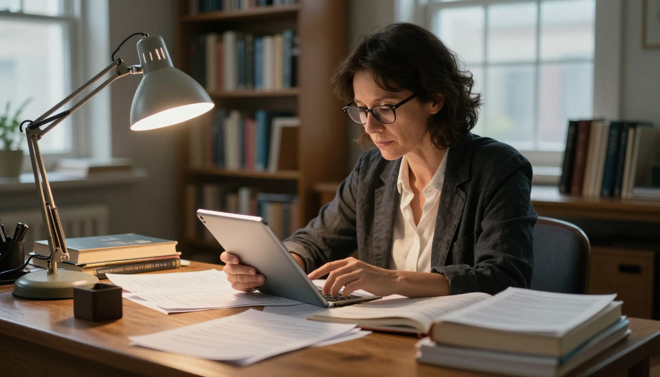 Academic researcher studying AI companion app data at her desk