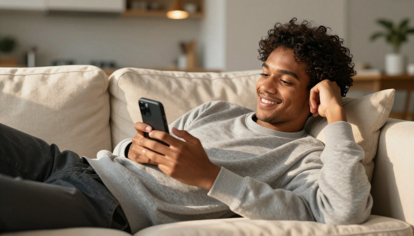 Man relaxing at home looking at his phone with a genuine smile