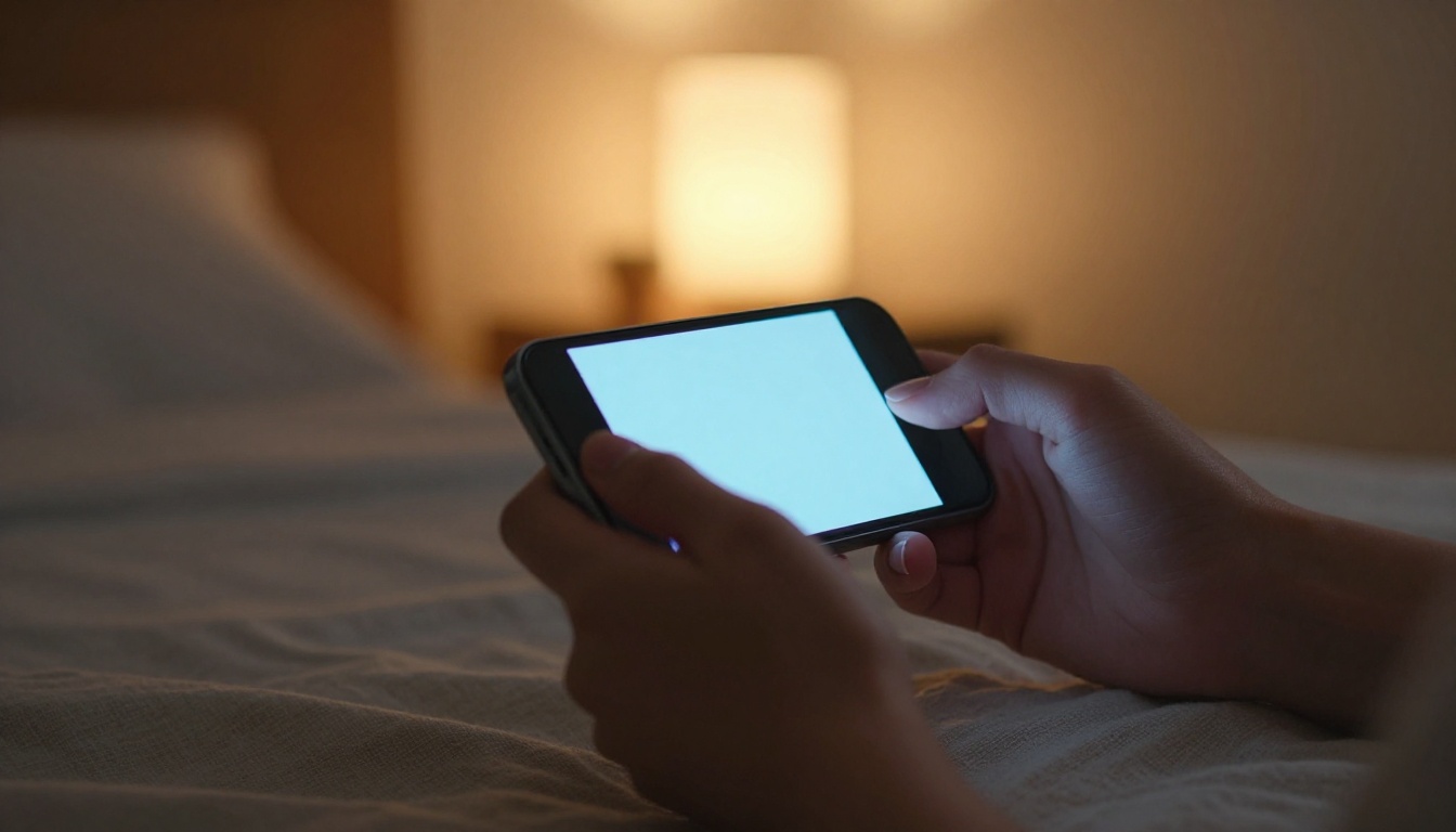 Elegant hands holding a glowing smartphone in a warm bedroom at night Elegant hands holding a glowing smartphone in a warm bedroom at night