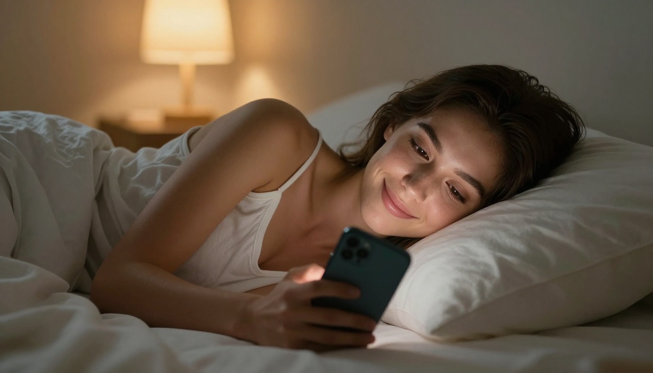 Attractive woman lying on white bed looking at her smartphone with a soft smile Attractive woman lying on white bed looking at her smartphone with a soft smile