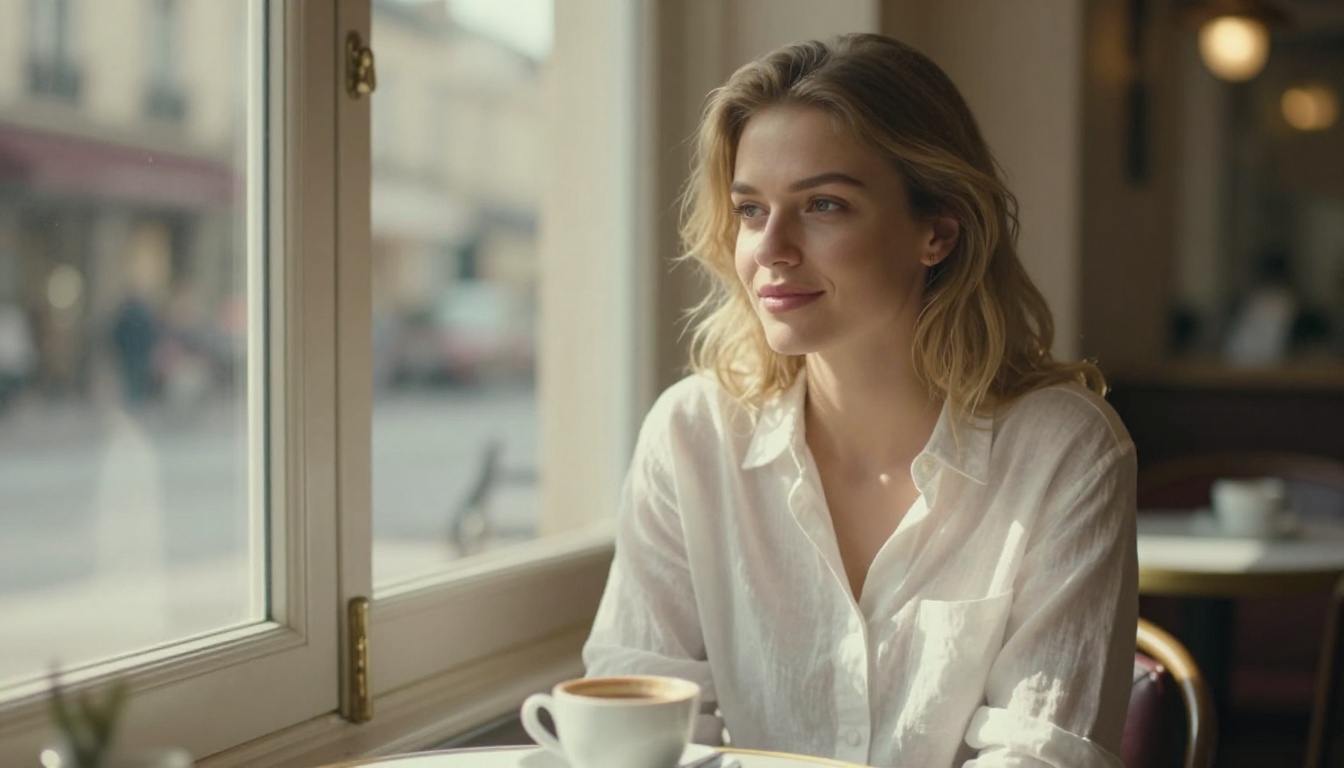 Beautiful woman at a sunlit European cafe window looking thoughtful Beautiful woman at a sunlit European cafe window looking thoughtful