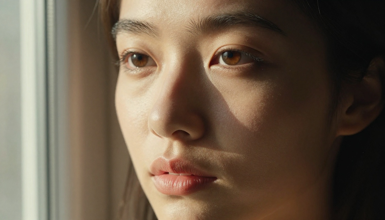 Extreme close-up portrait with dramatic Rembrandt lighting and skin texture detail Extreme close-up portrait with dramatic Rembrandt lighting and skin texture detail