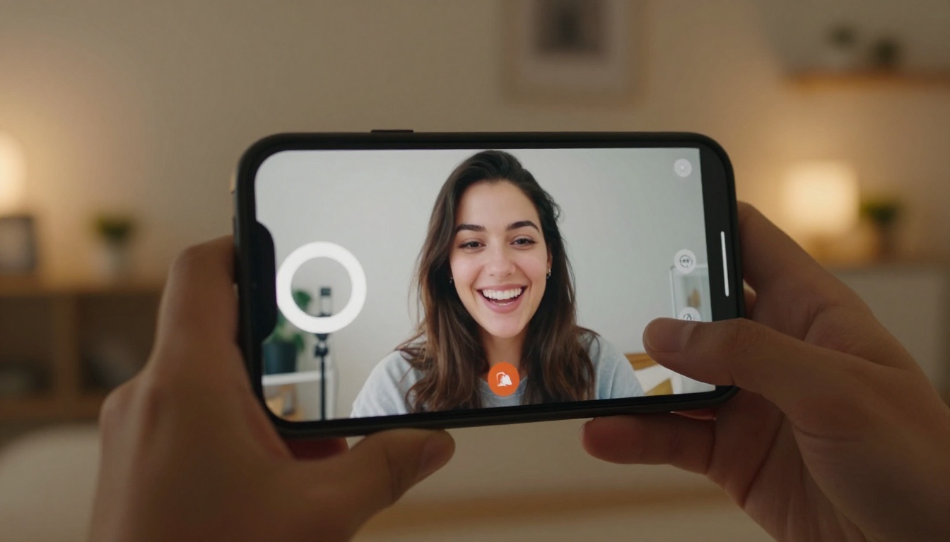 Woman on a video call laughing naturally in warm apartment lighting Woman on a video call laughing naturally in warm apartment lighting