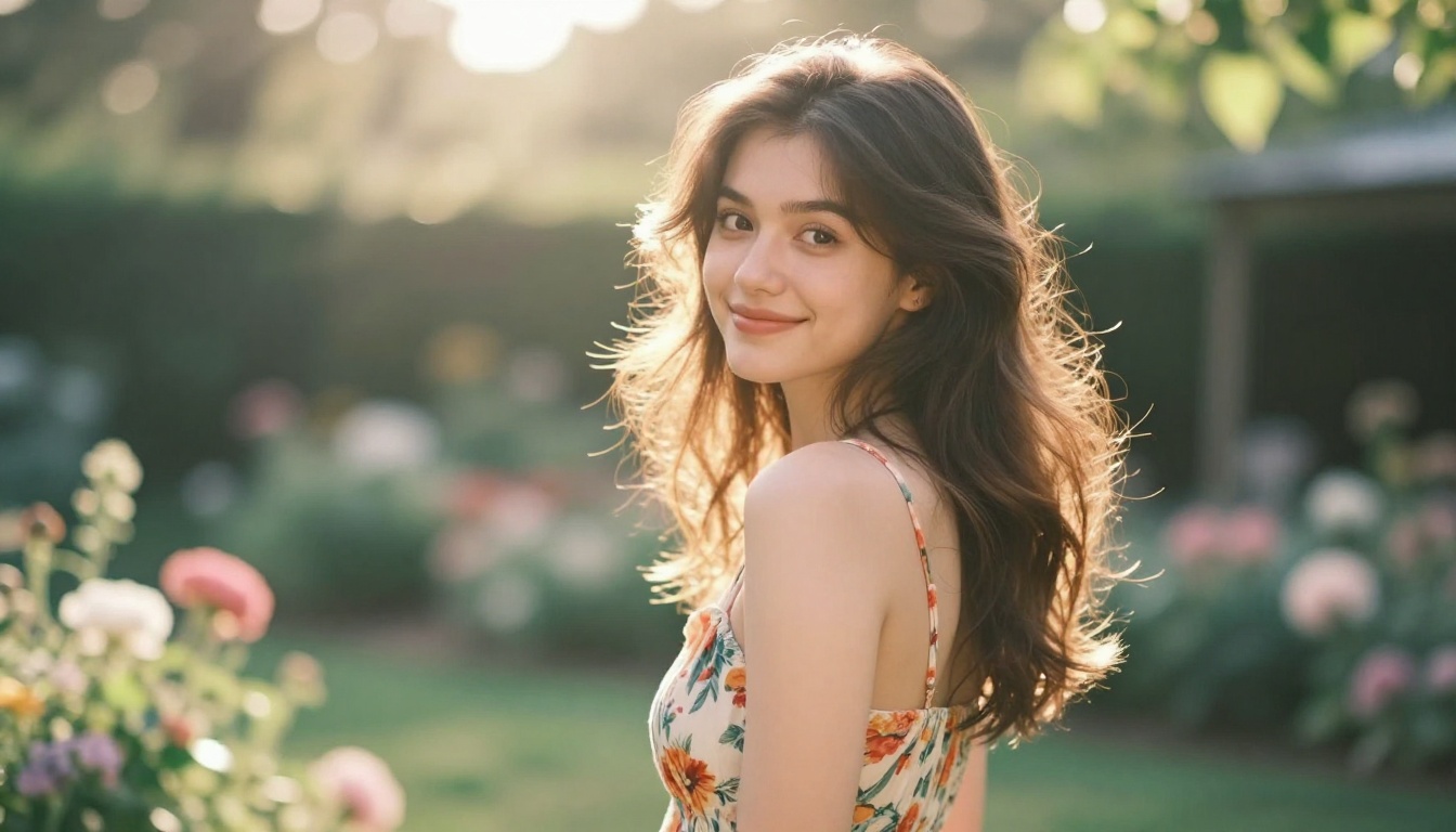 Beautiful woman in floral sundress in a sun-drenched garden with bokeh flowers Beautiful woman in floral sundress in a sun-drenched garden with bokeh flowers