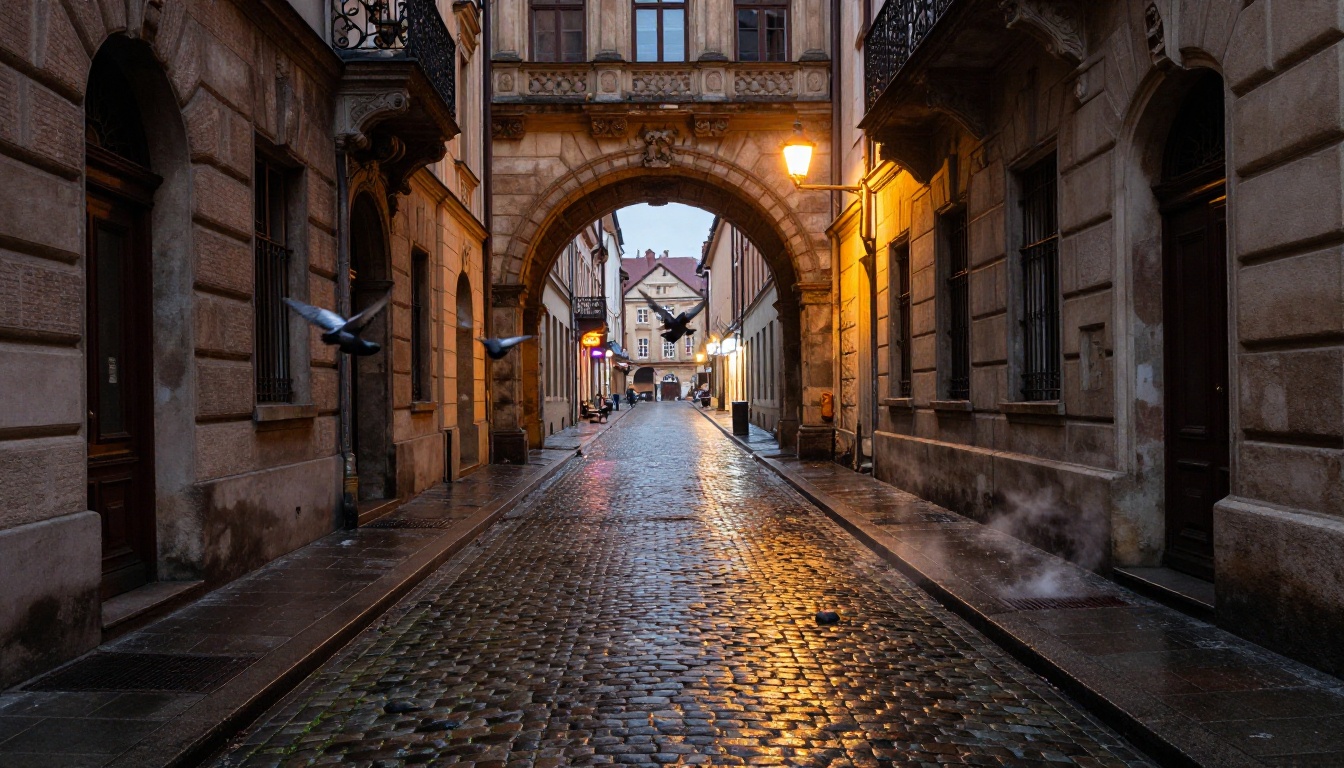 Wet cobblestone European street at dusk showing Nano Banana's punchy color output
