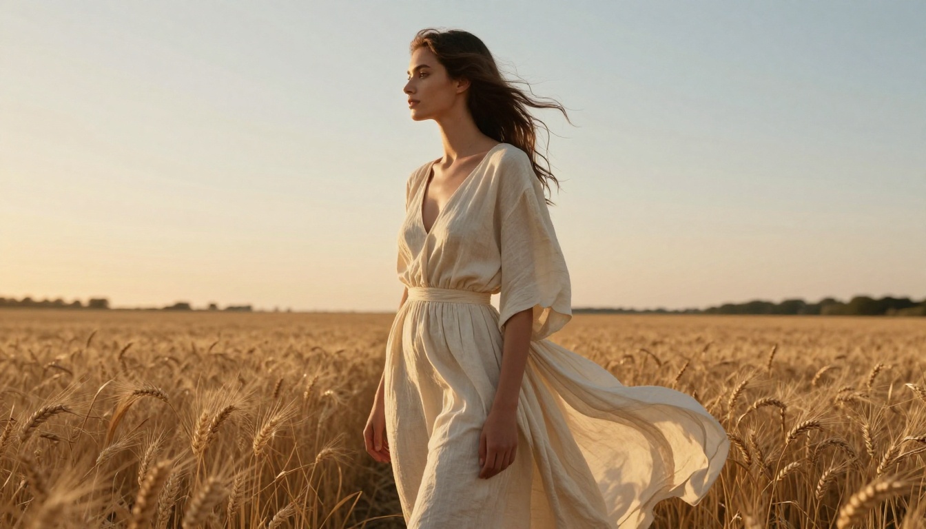 Fashion editorial woman in a wheat field at golden hour, backlit rim lighting visible on fabric edge