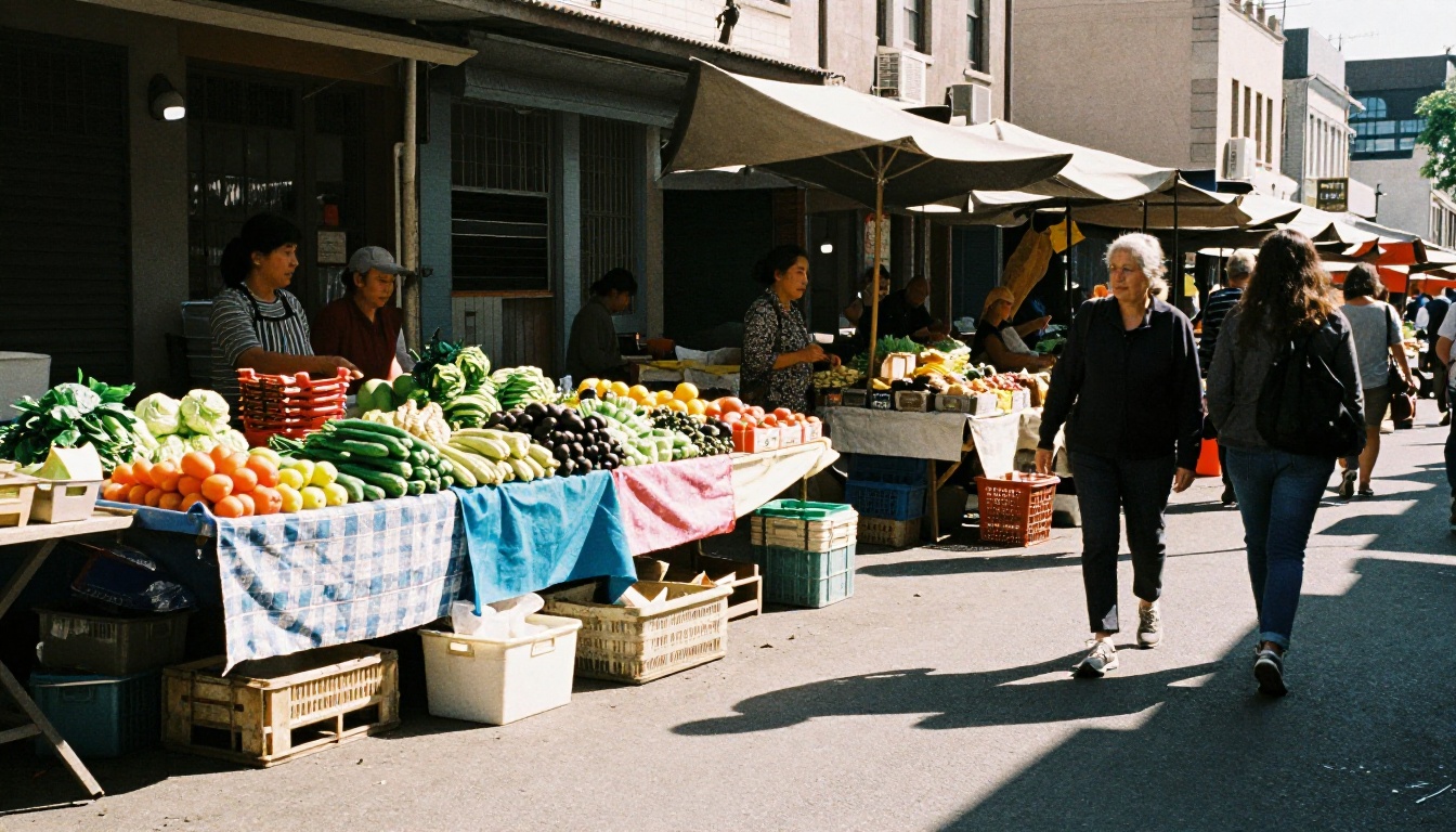 Candid street market at midday with motion blur on passing shoppers, harsh noon shadows on pavement