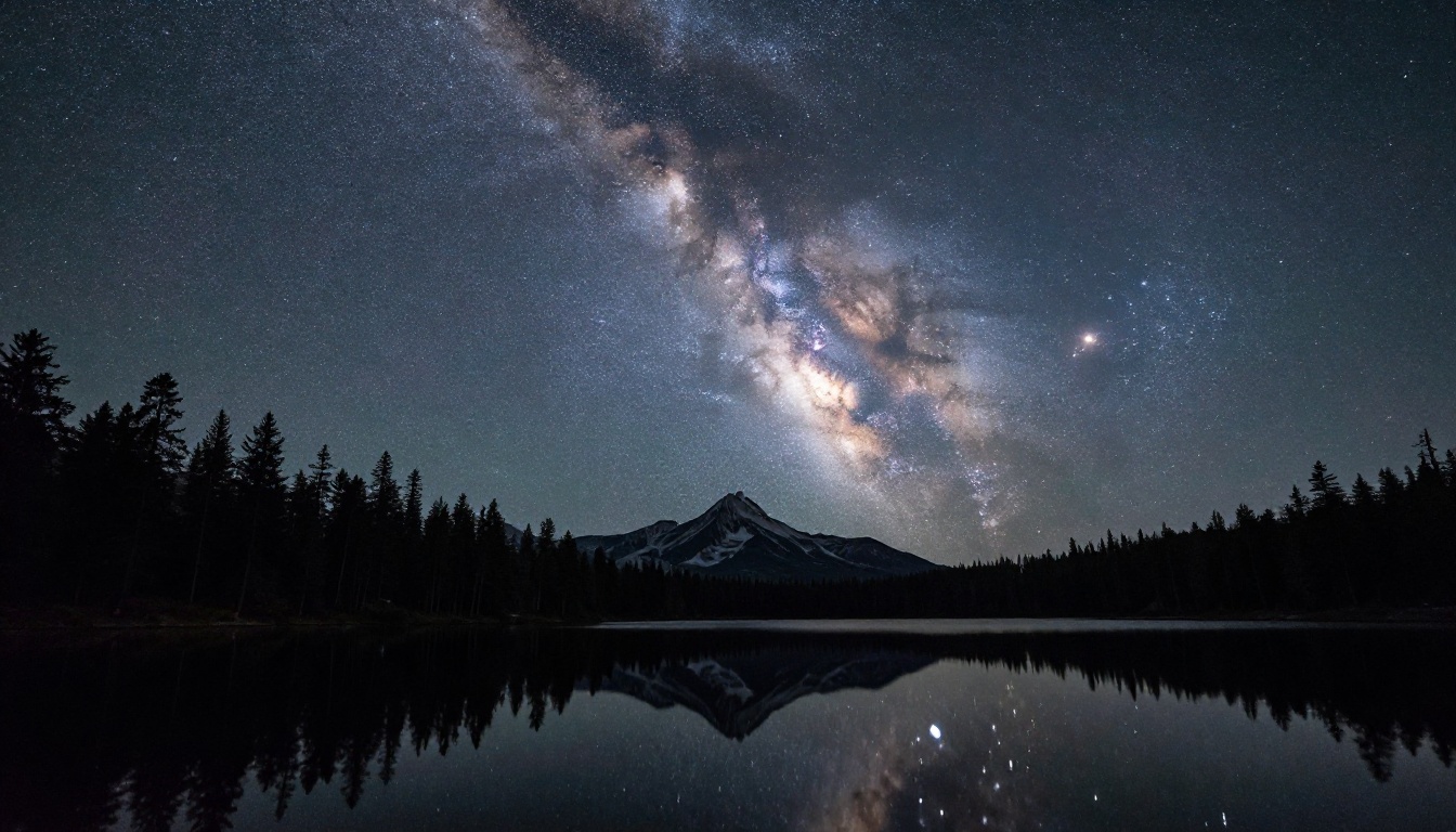 Remote mountain lake perfectly reflecting the Milky Way, long exposure night photography realism