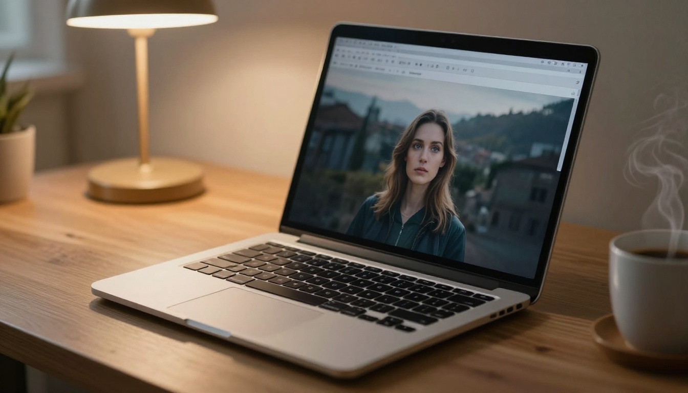Professional laptop on wooden desk showing crisp AI-generated portrait on screen, warm morning light