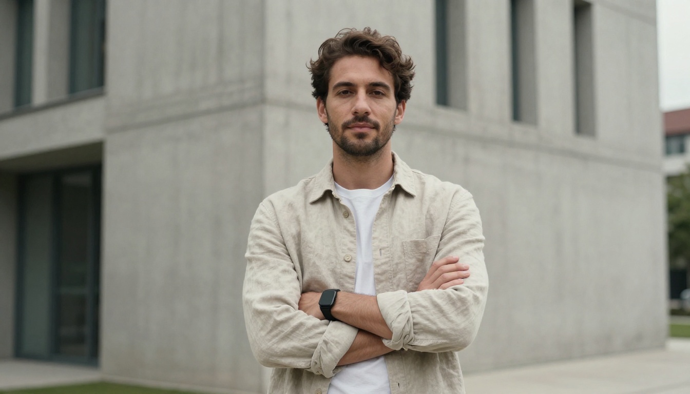 Male architect standing confidently in front of a sunlit concrete building, overcast light revealing every texture