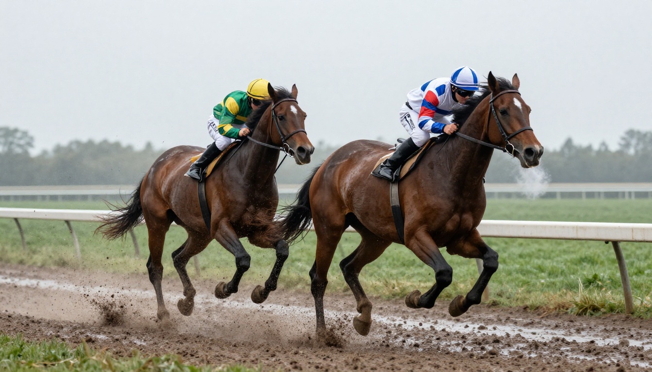 Two racehorses mid-gallop on a muddy track, water spraying from hooves, breath vapor in cold morning air