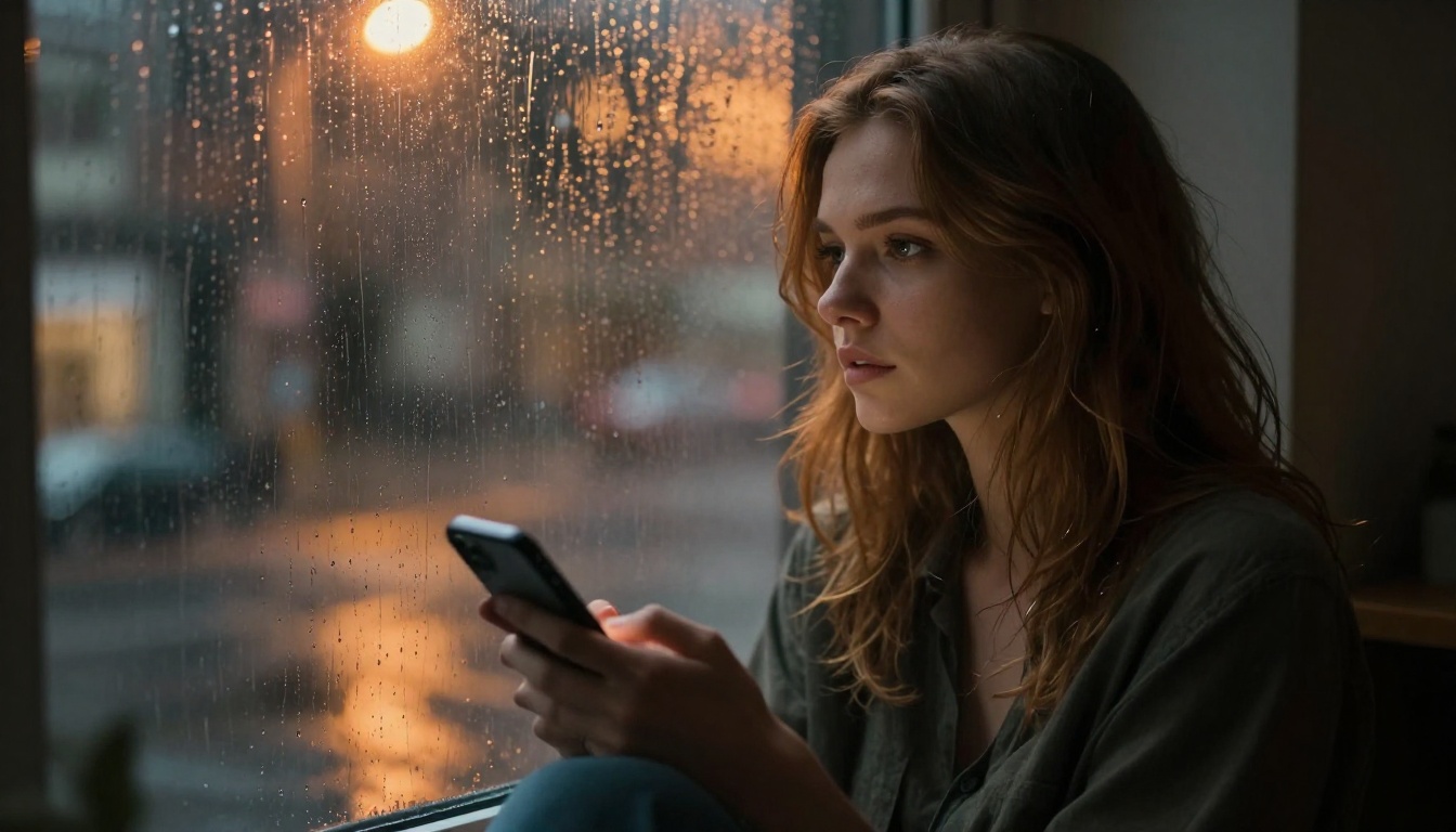 Woman at rainy window holding phone Woman at rainy window holding phone
