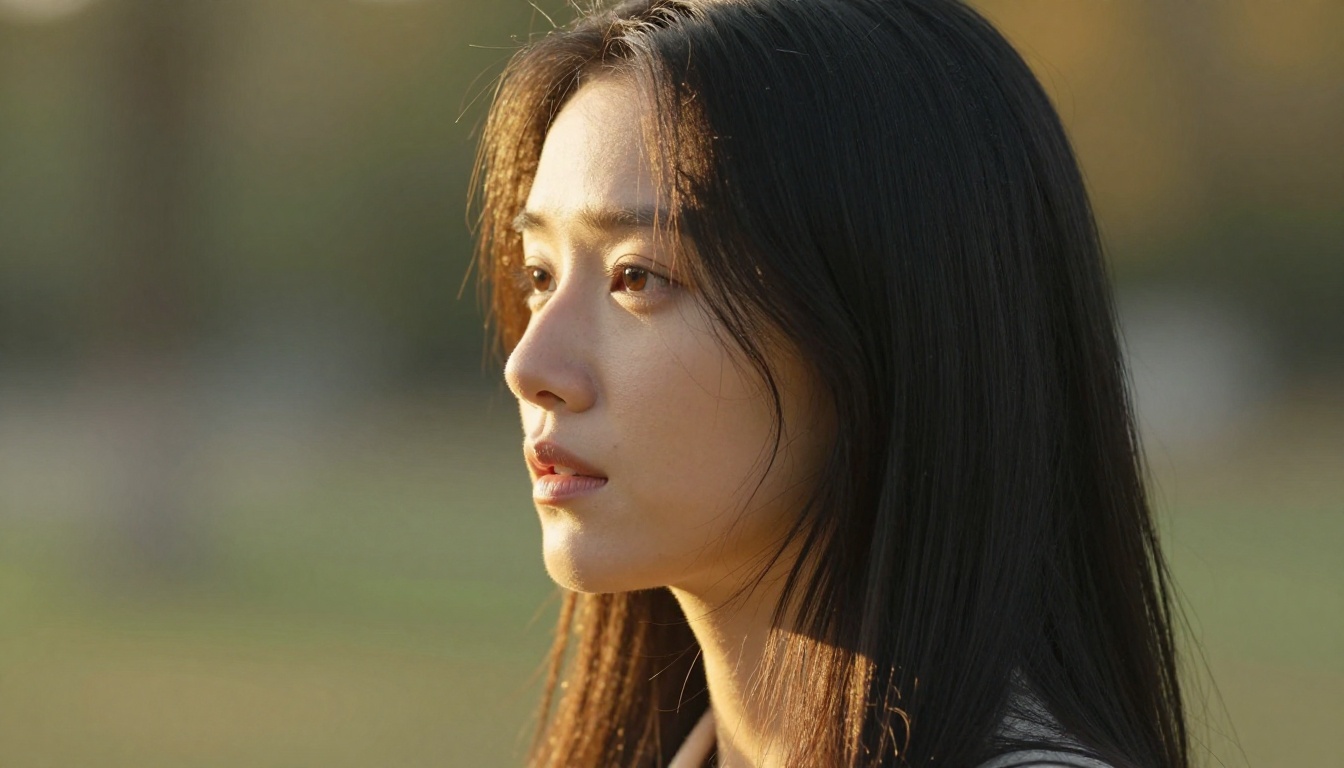 Golden hour portrait of woman with dark straight hair Golden hour portrait of woman with dark straight hair