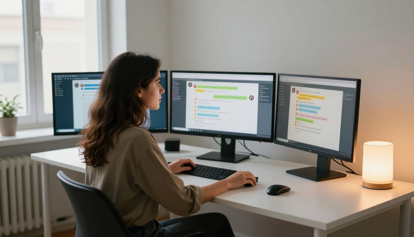 Woman seated at modern desk facing multiple monitor screens Woman seated at modern desk facing multiple monitor screens