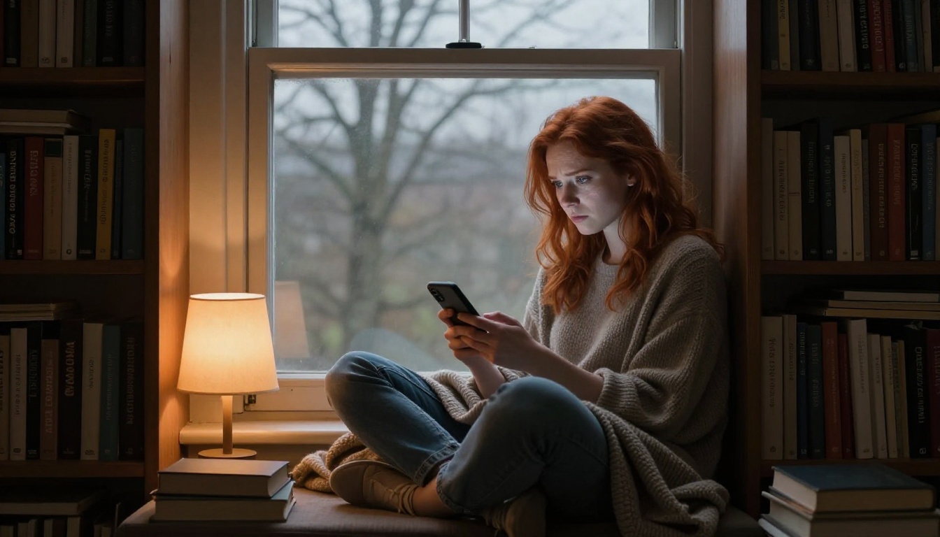 Woman with red hair sitting on window seat in book-lined study Woman with red hair sitting on window seat in book-lined study