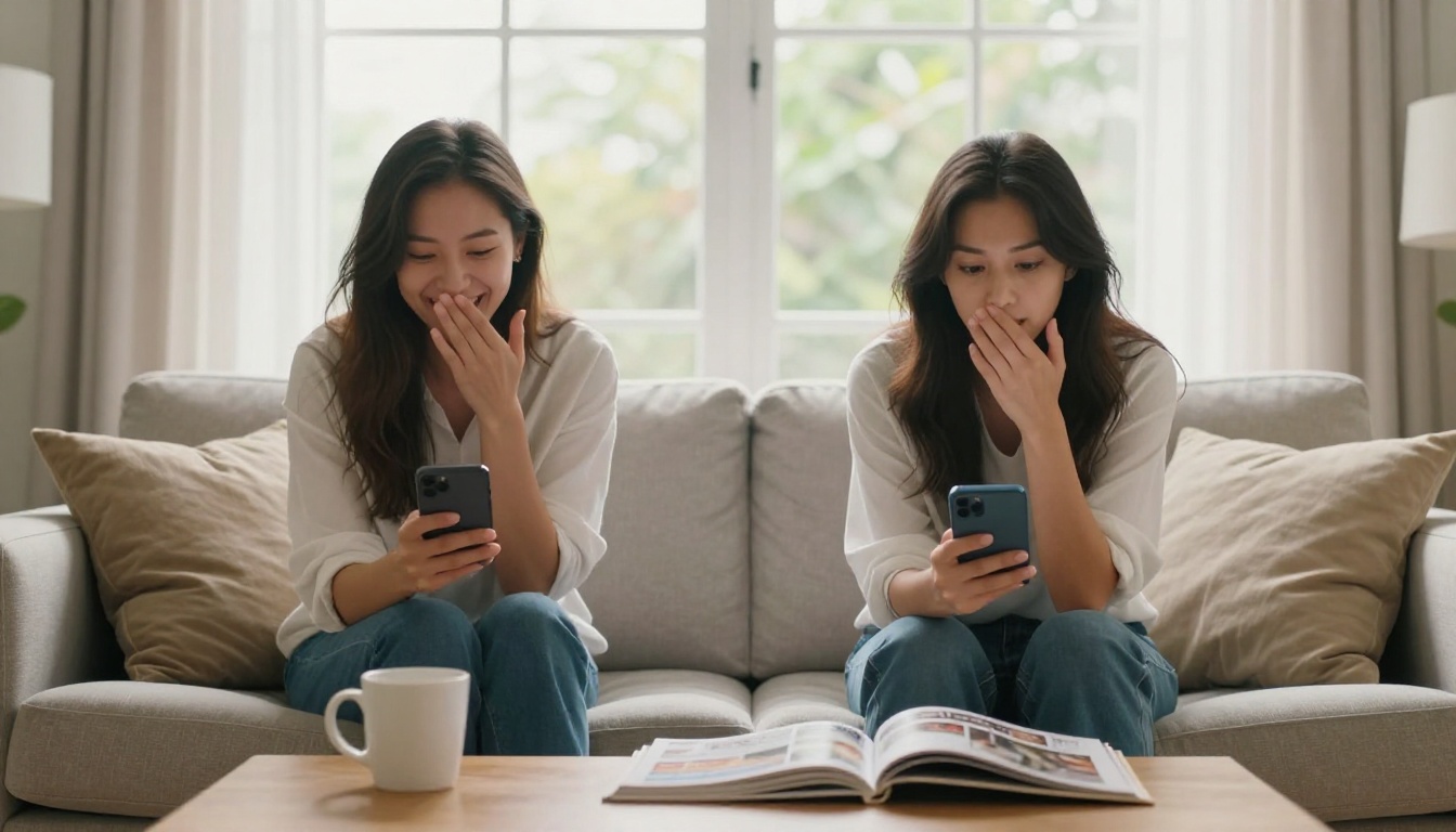 Two women on modern sofa both absorbed in their phones Two women on modern sofa both absorbed in their phones