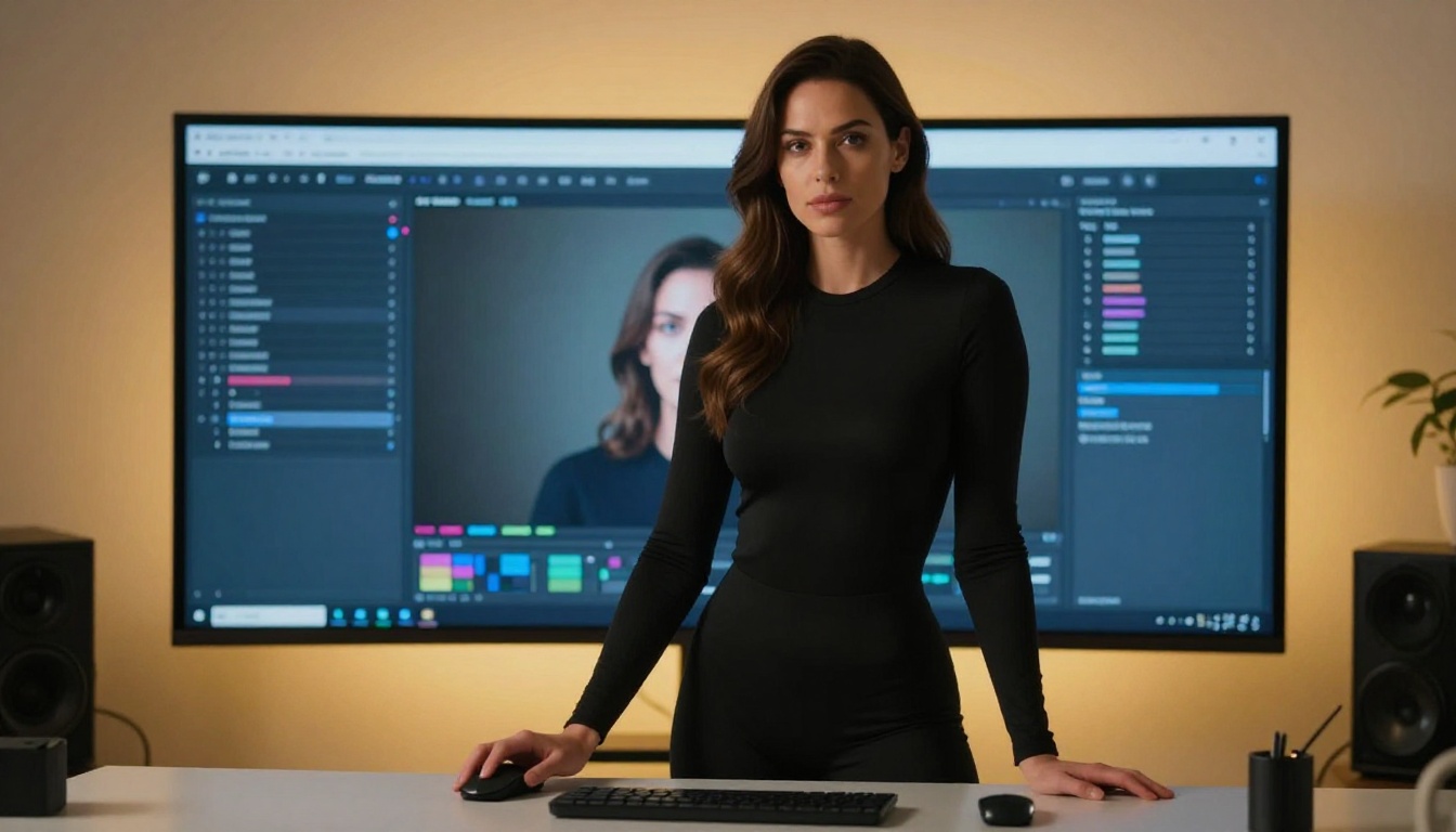 Confident woman in a black bodysuit standing at a glowing AI video interface monitor in a creative studio