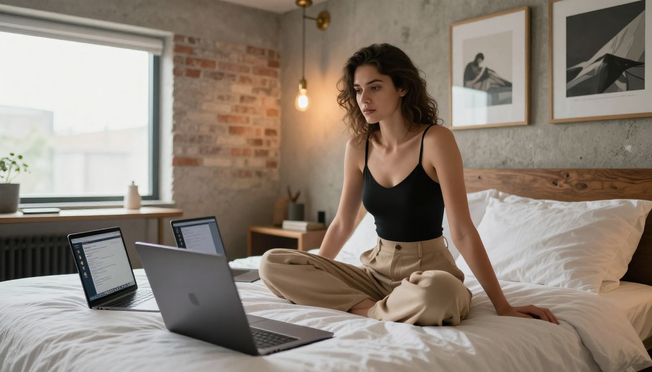 Woman comparing AI chatbot options on multiple laptops Woman comparing AI chatbot options on multiple laptops