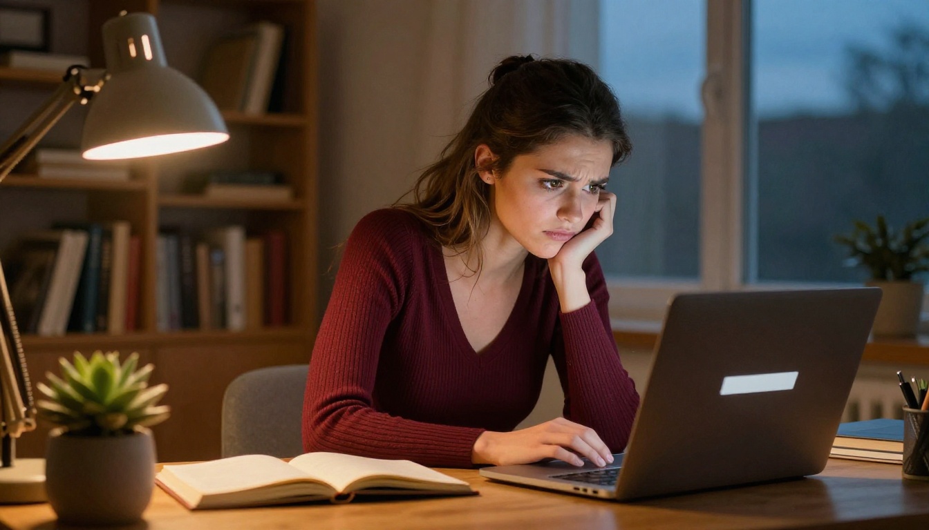 Woman experiencing content restrictions on laptop at dusk Woman experiencing content restrictions on laptop at dusk