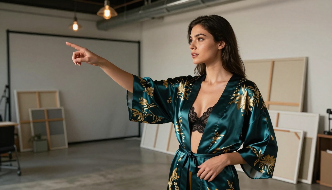Woman in kimono gesturing to AI artwork on studio display Woman in kimono gesturing to AI artwork on studio display