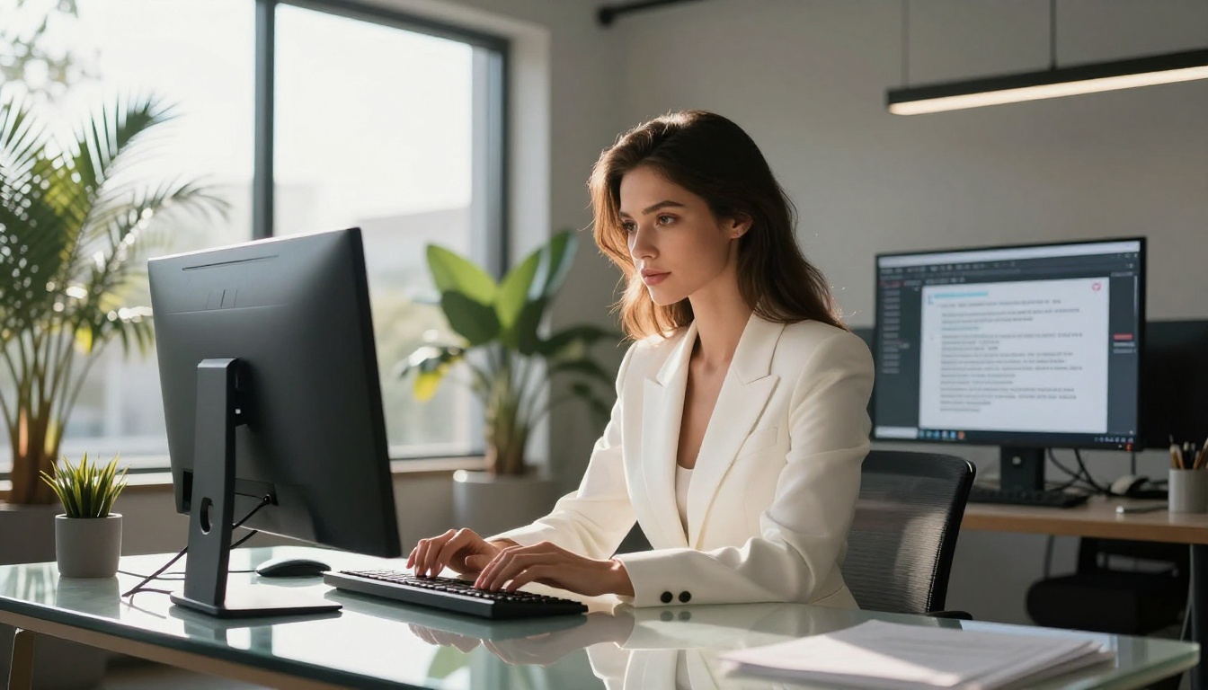 Woman in white blazer working with AI text generation interface Woman in white blazer working with AI text generation interface