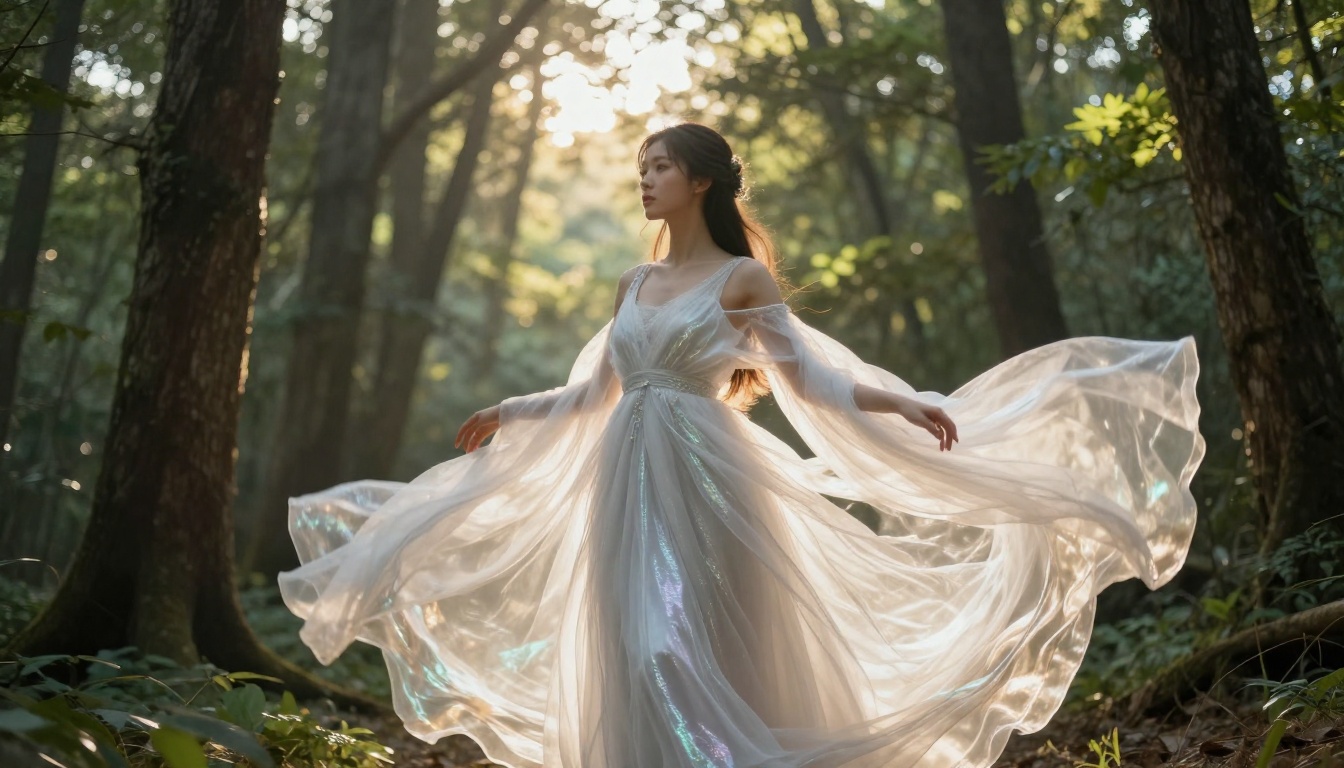 Fantasy ethereal gown portrait for AI waifu in forest setting