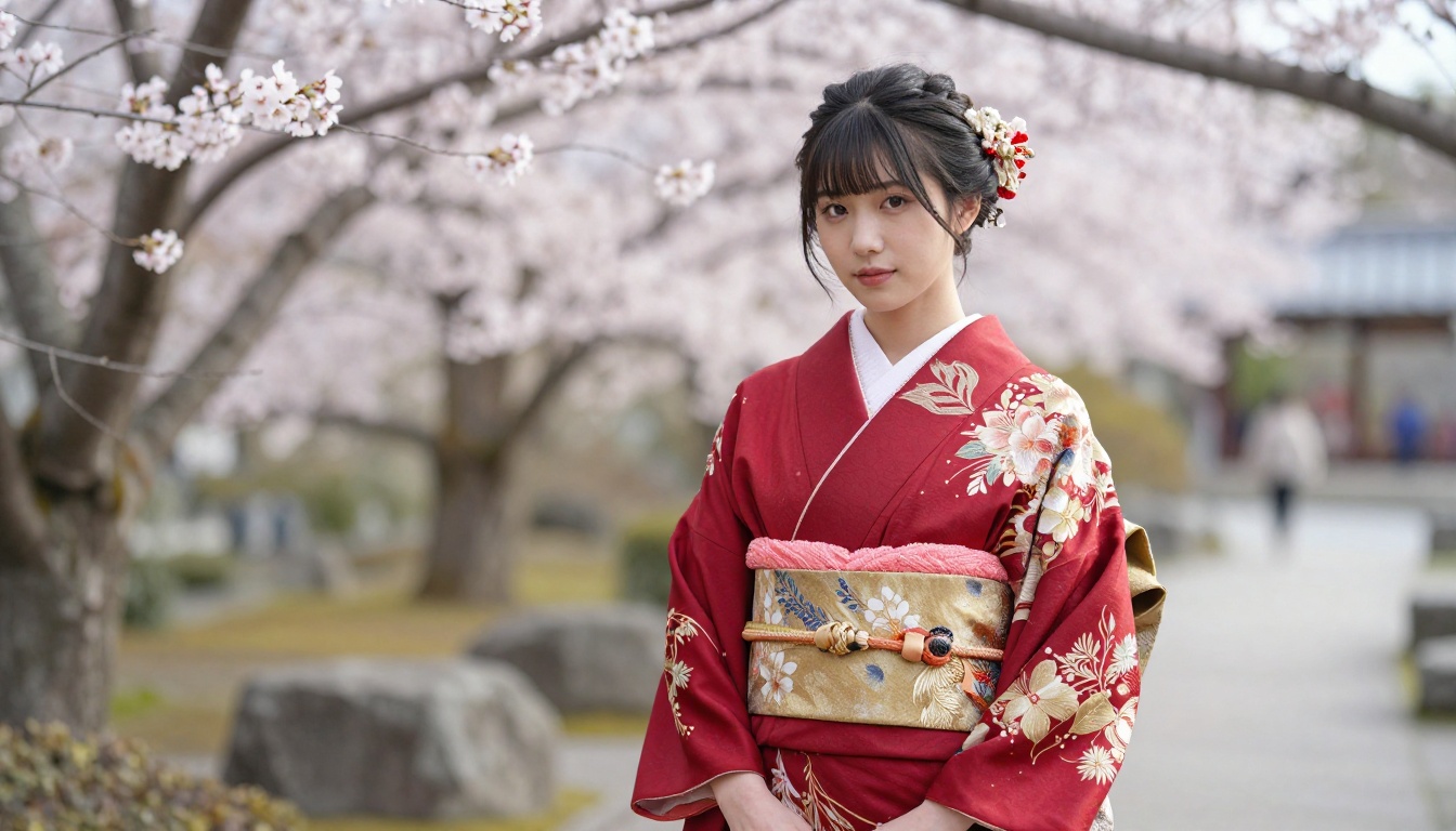 Traditional Japanese kimono fashion for AI waifu in cherry blossom garden