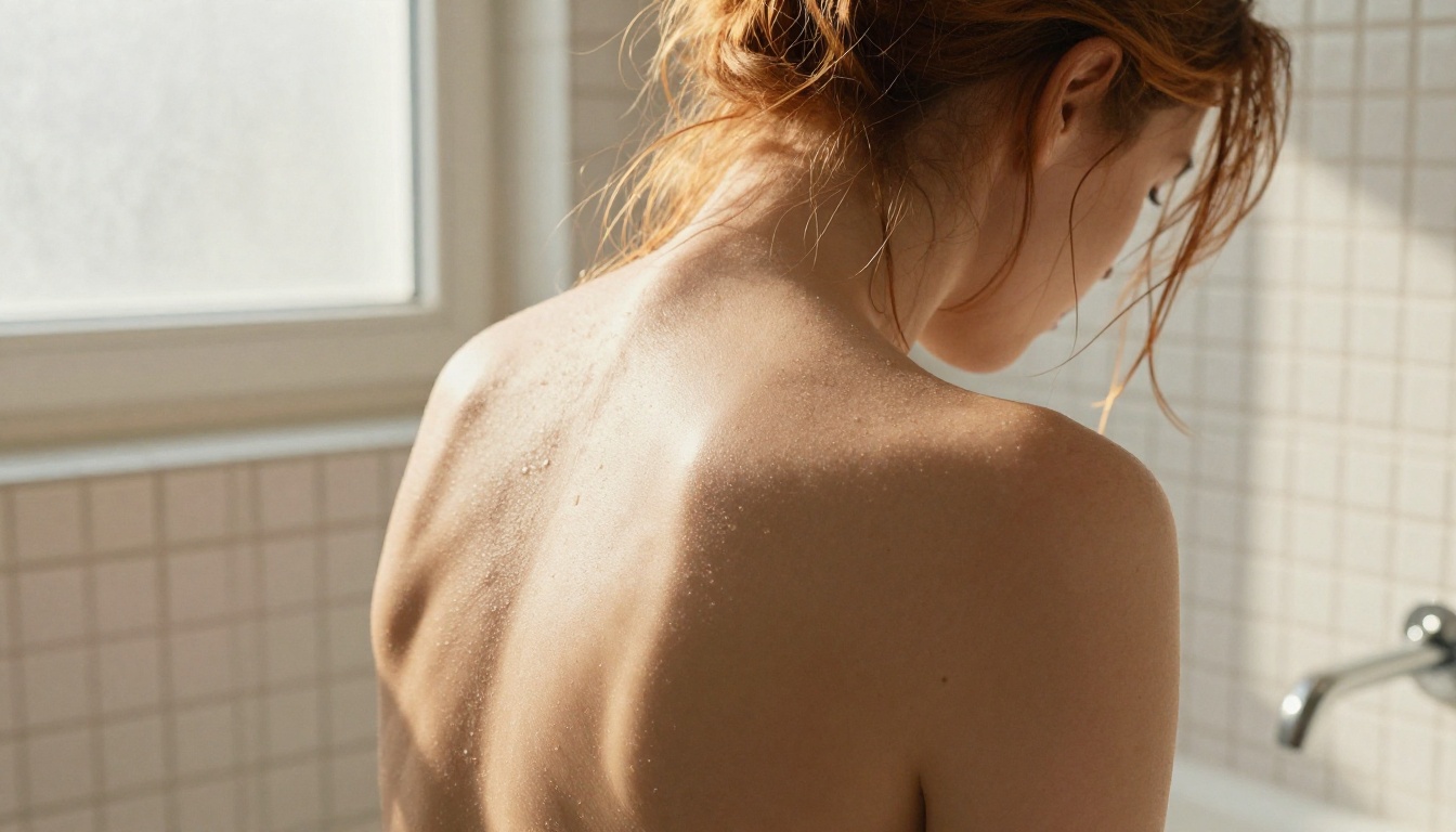 Low-angle close-up of a woman's bare shoulders and back in a sunlit white-tiled bathroom, natural freckled skin texture