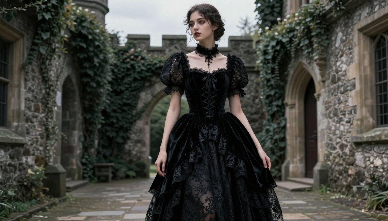 Gothic dark aesthetic fashion portrait for AI waifu in castle courtyard