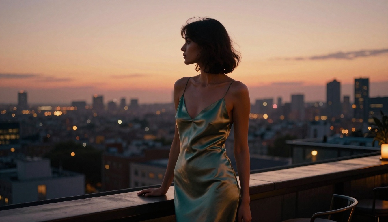Woman in an emerald silk slip dress at a rooftop bar, city skyline glowing at golden hour behind her