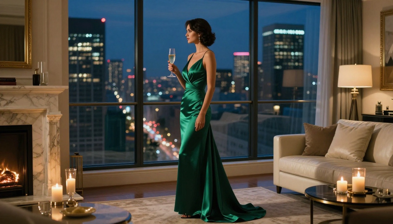 Elegant woman in emerald gown at penthouse window overlooking city Elegant woman in emerald gown at penthouse window overlooking city