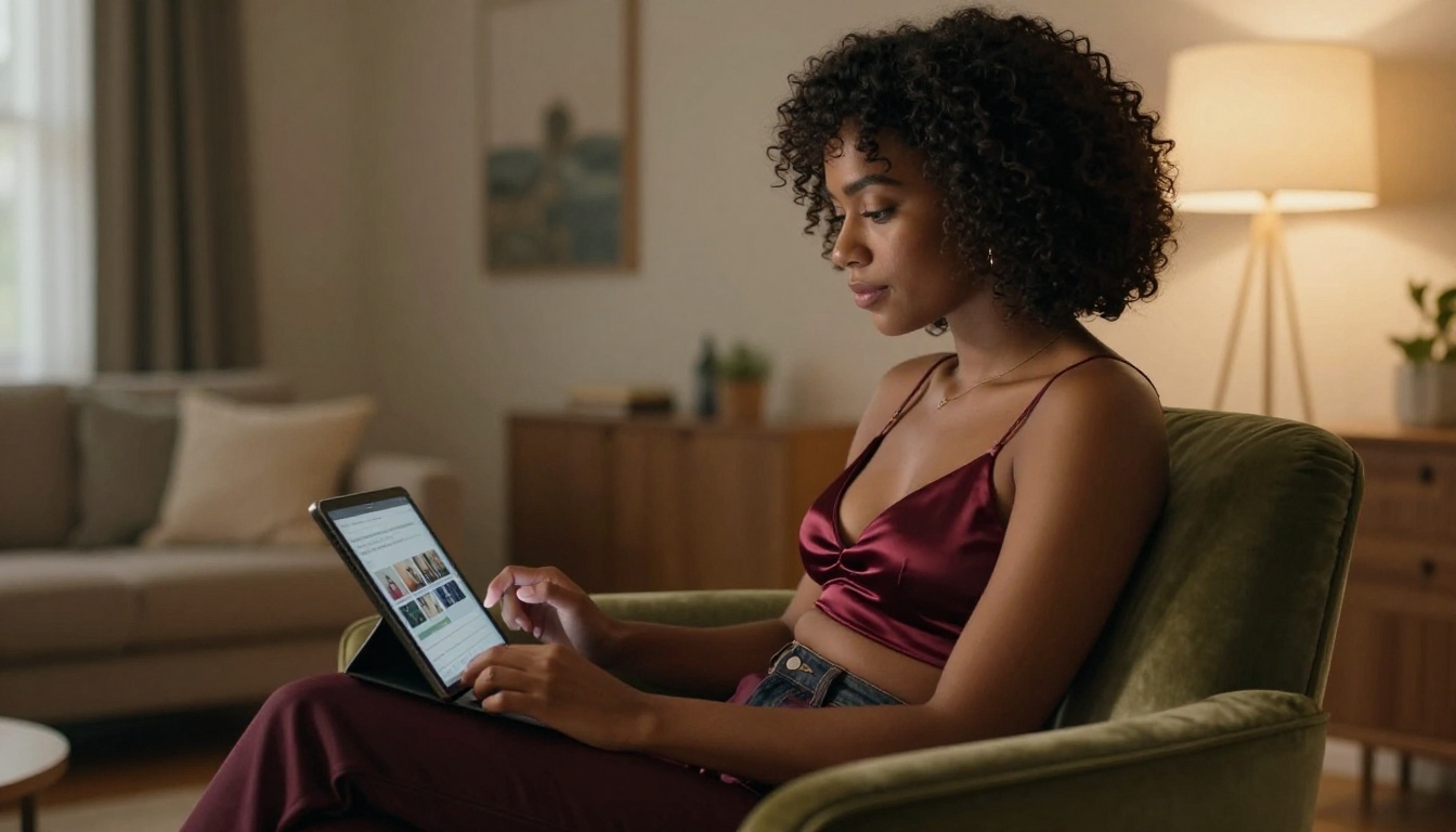 Woman with natural curly hair in a satin burgundy bralette, sitting in warm lamplight using a tablet with a video interface