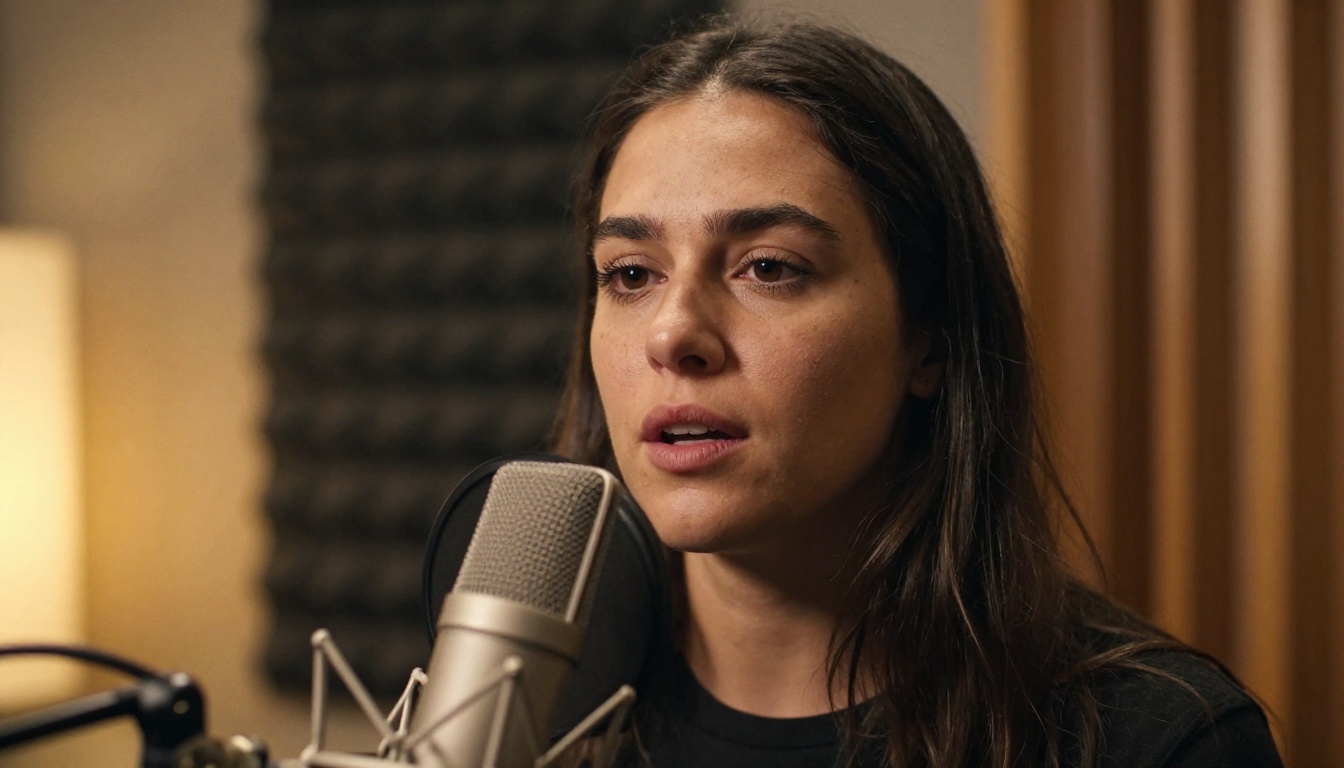 Female voice actress speaking into studio microphone