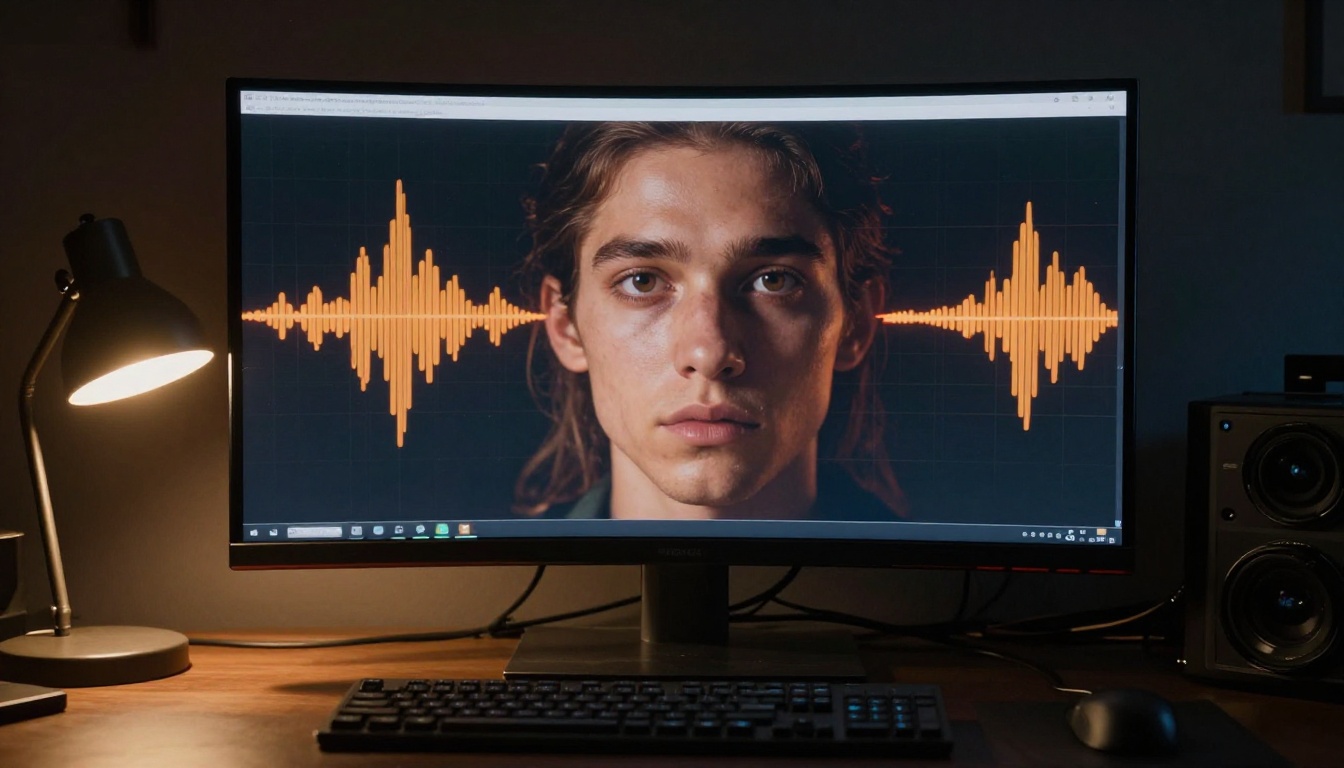 AI avatar character displayed on a curved monitor with waveform