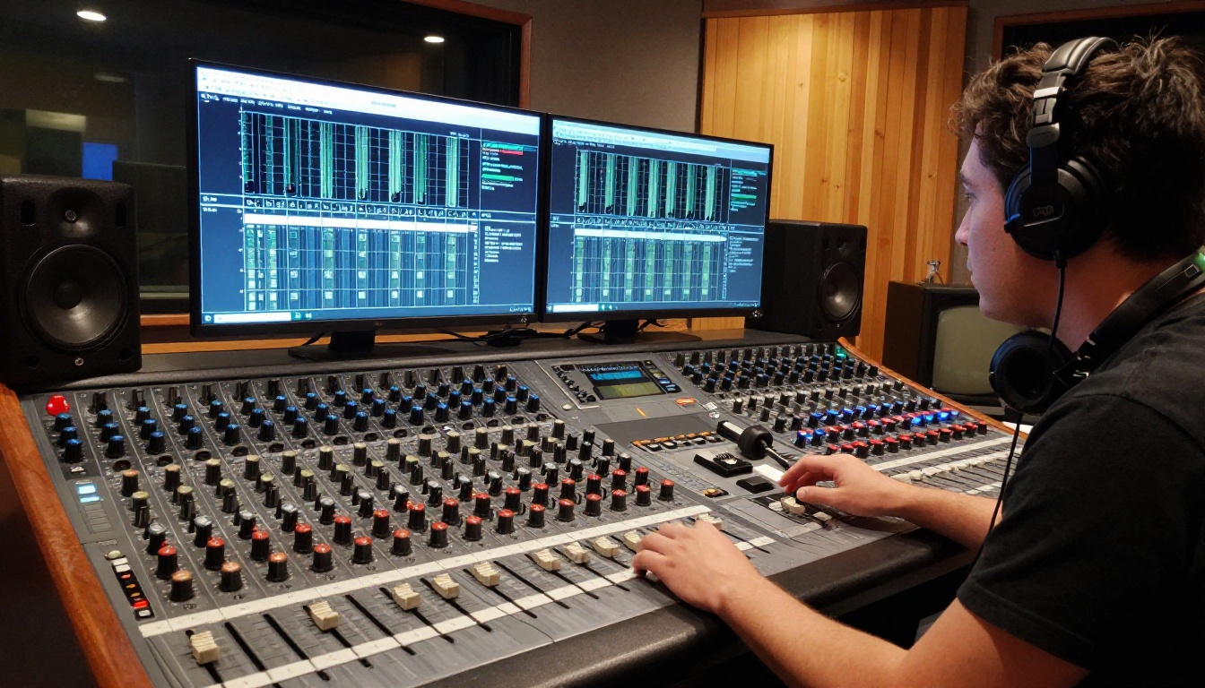Sound engineer at professional mixing console