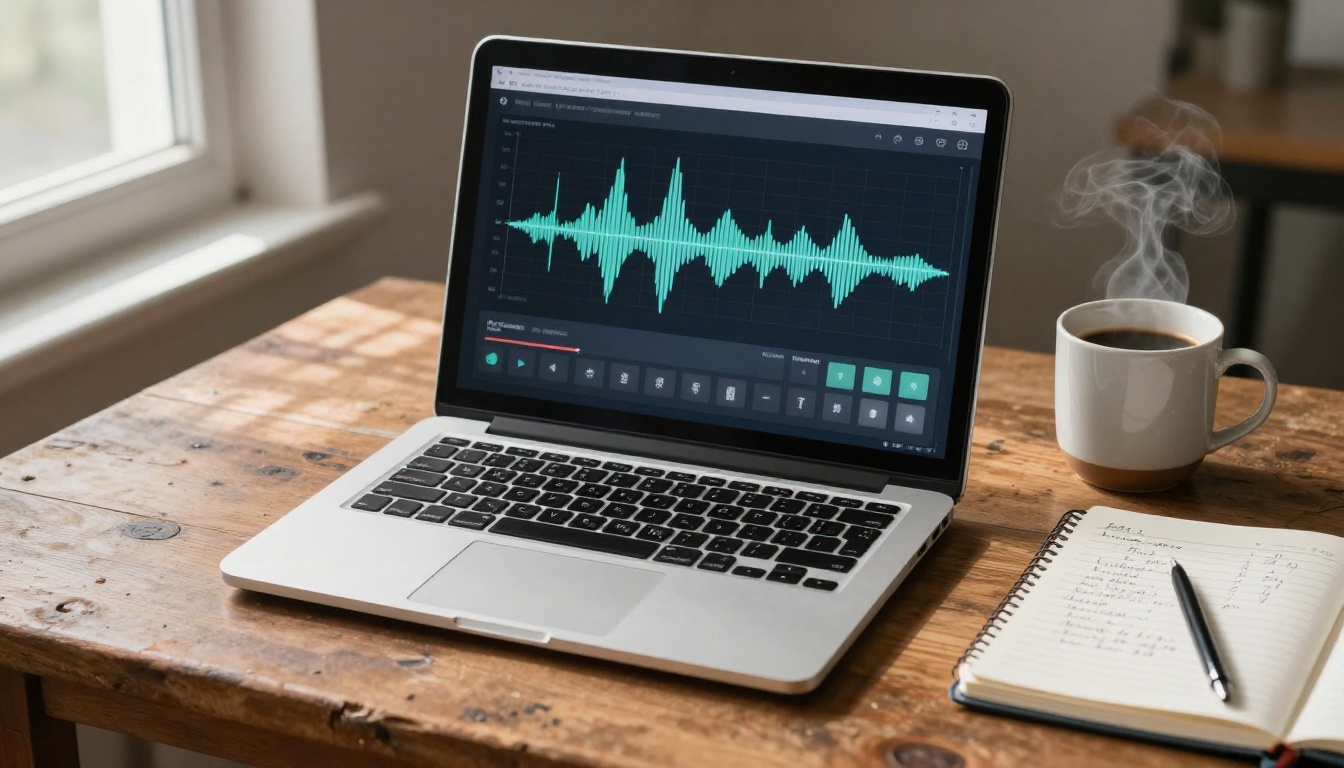 Laptop with AI voice interface and coffee notebook desk setup
