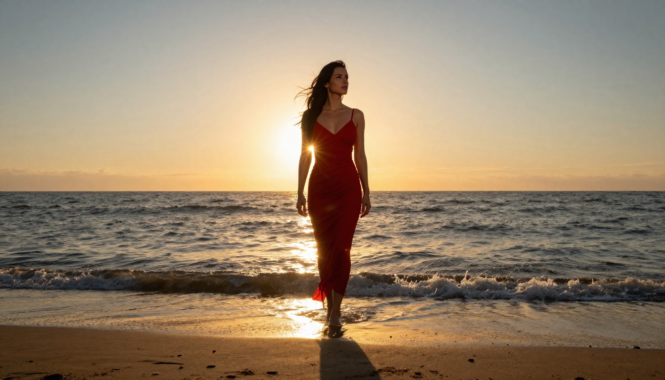 Woman in a red sundress standing in ocean water at golden hour, dramatic low-angle backlit silhouette against a warm sunset sky