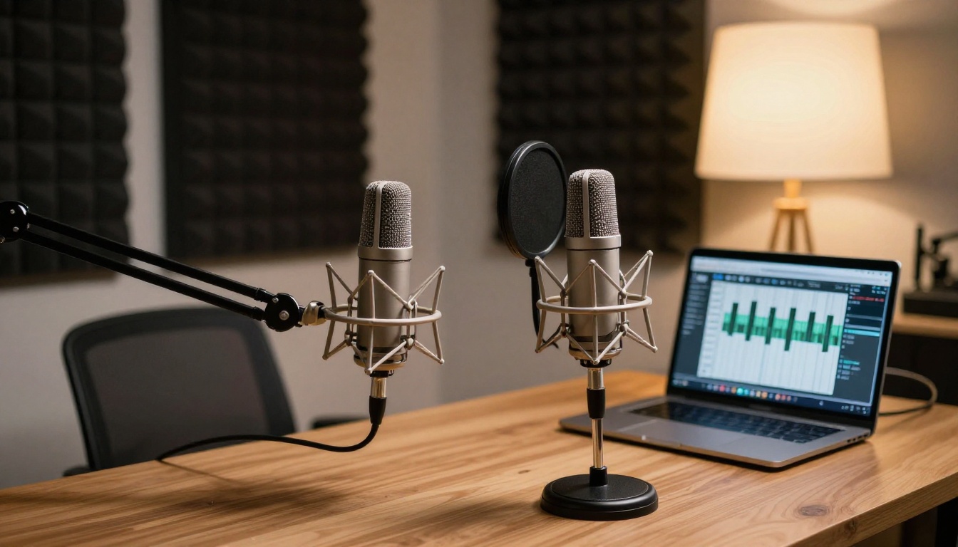 Podcast recording setup with two microphones aerial view